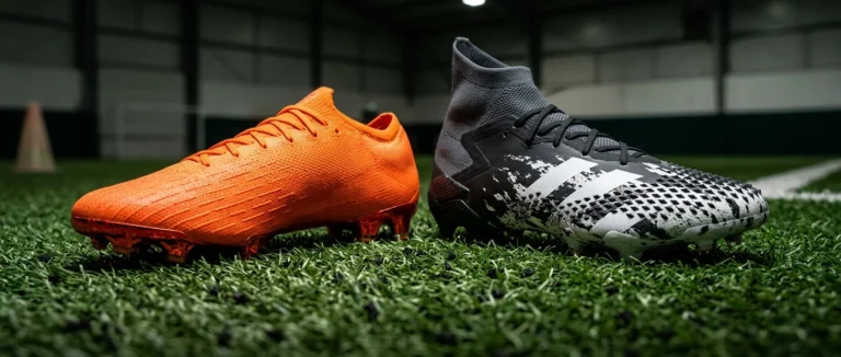 A close-up studio shot of a bright orange low-cut Nike Mercurial boot and a chunky black-and-white Adidas Predator boot placed side by side on a green turf background, lit to show the