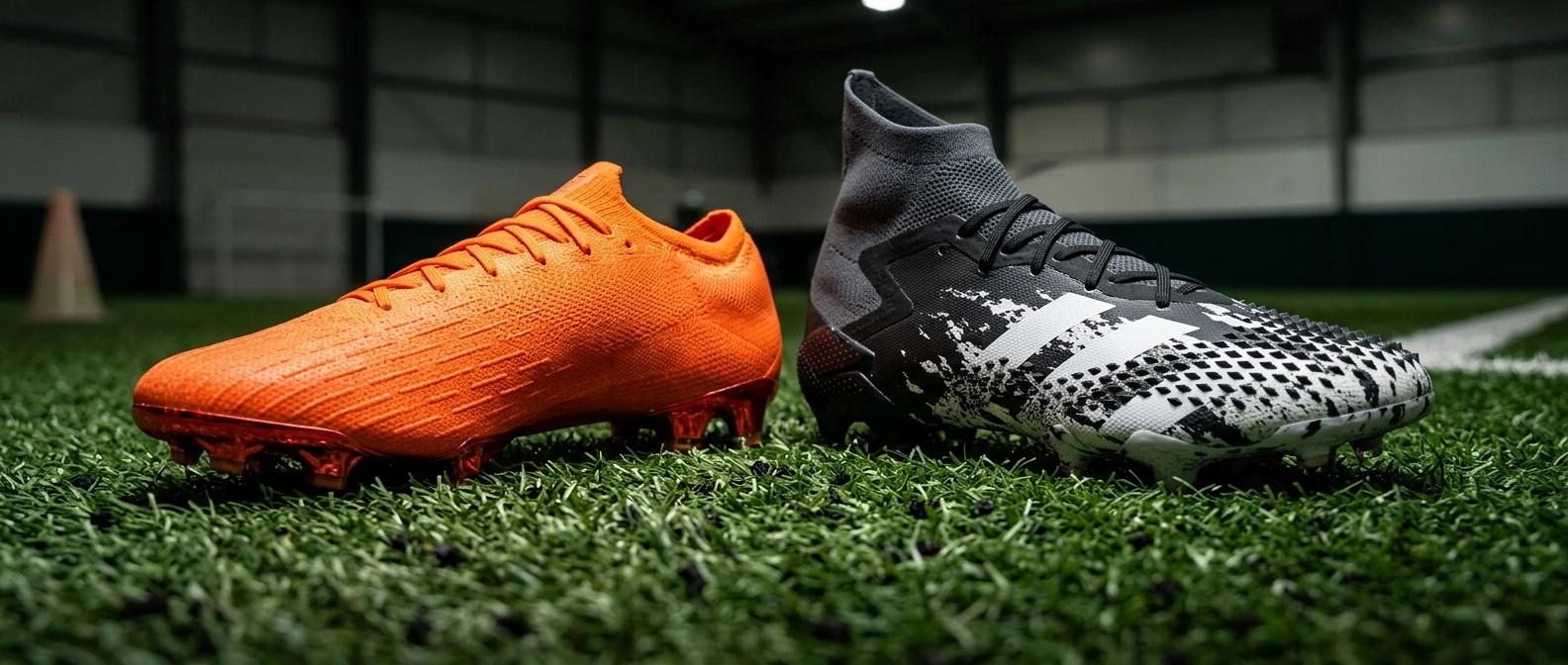 A close-up studio shot of a bright orange low-cut Nike Mercurial boot and a chunky black-and-white Adidas Predator boot placed side by side on a green turf background, lit to show the