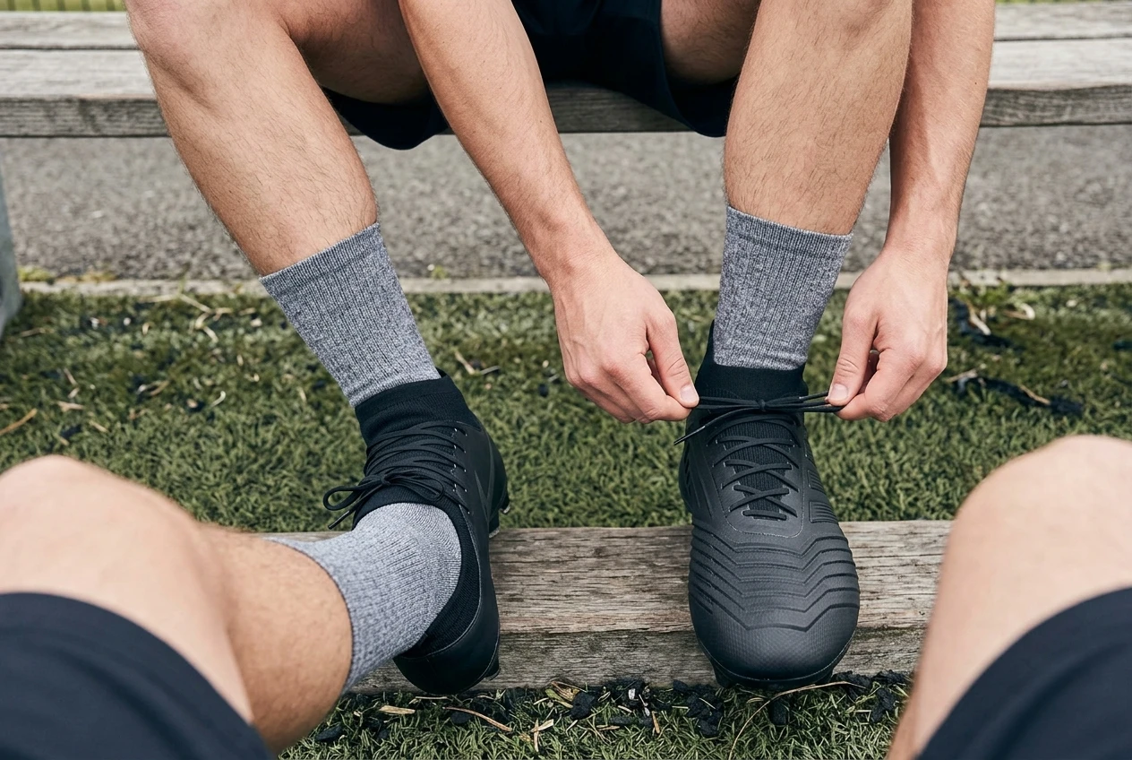 A pair of feet being laced into boots shown from above, one foot in a narrow low-cut Mercurial with a snug sock-like collar and the other in a roomier structured Predator, illustrating the difference in fit through the midfoot.