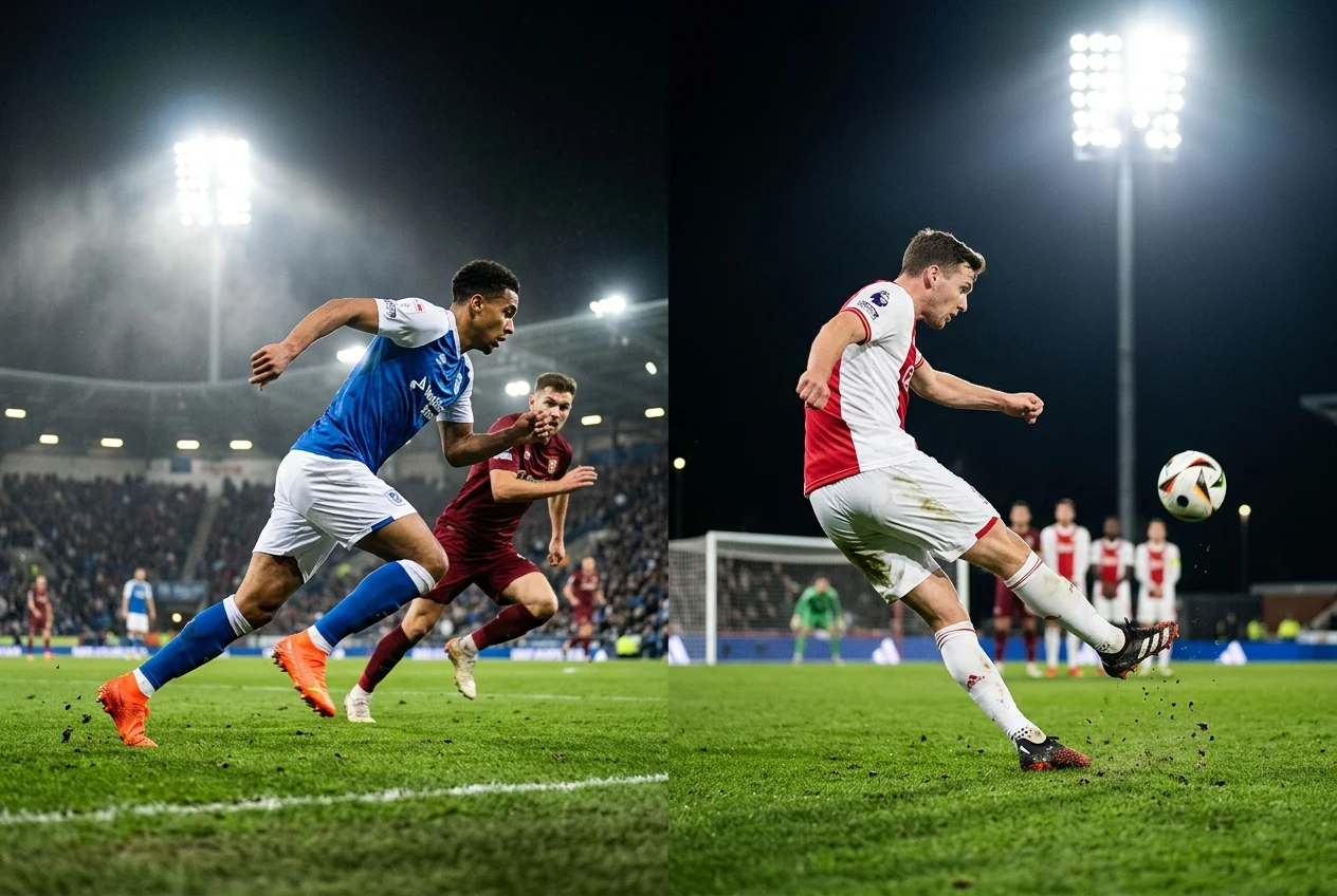 A split action photo on a soccer pitch: on one side a winger sprinting at full pace past a defender in bright orange Mercurials, on the other a midfielder mid-strike curling a free kick with a planted Predator boot, both frozen in motion under stadium floodlights.
