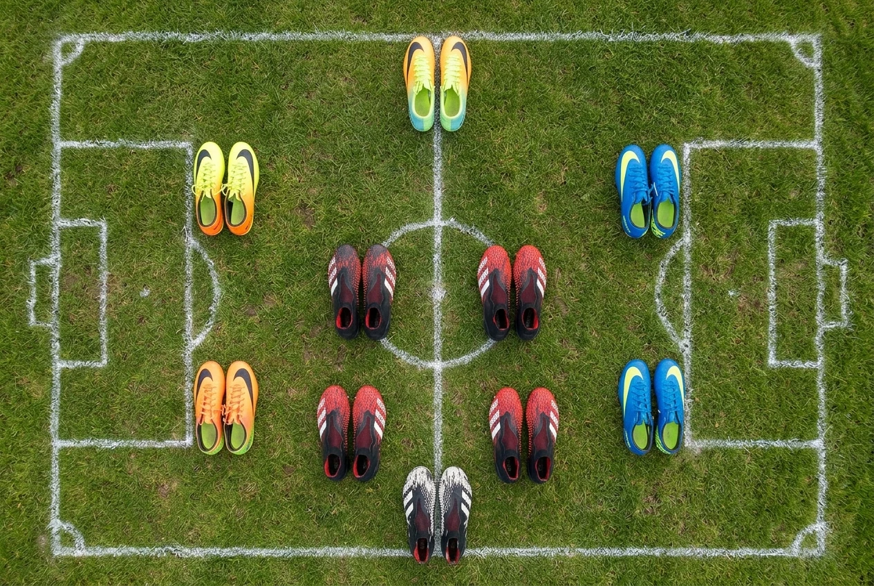 An overhead view of a soccer field diagram made with actual boots laid out in formation positions on grass, Mercurials placed at the wing and forward spots and Predators placed at the midfield and center-back spots.