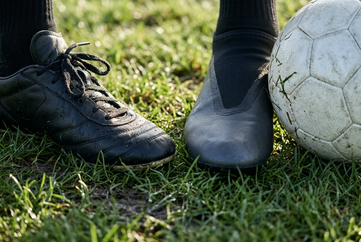 Close-up side-by-side of two boots' instep areas on a damp grass pitch in low morning light: on the left a black laced cleat with a thick knot and eyelets, on the right a laceless cleat with a smooth, uniform textured upper, a white ball resting against the laceless one.
