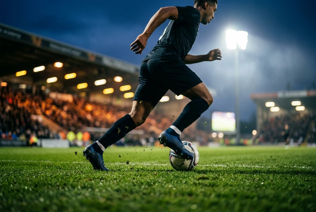A winger in motion on a floodlit evening pitch, the ball tight at the top of his foot mid-stride, thin-upper laceless cleats in sharp focus, grass flecks kicked up, cool blue dusk tones with warm light from the stands.