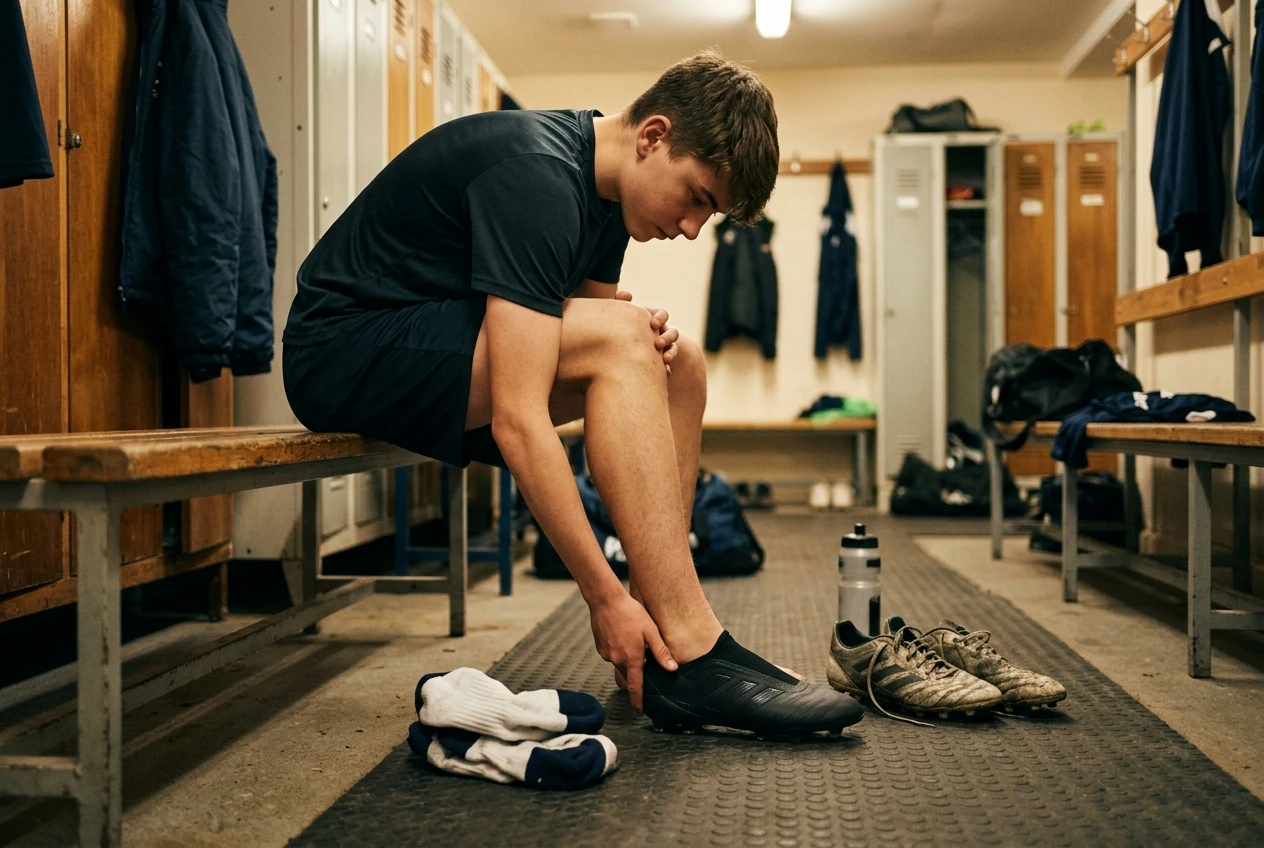 A young player seated on a bench in a locker room trying on a laceless cleat, one hand pressing the heel to check it stays seated, a pair of thick match socks and a second pair of boots on the floor beside him, warm indoor light.