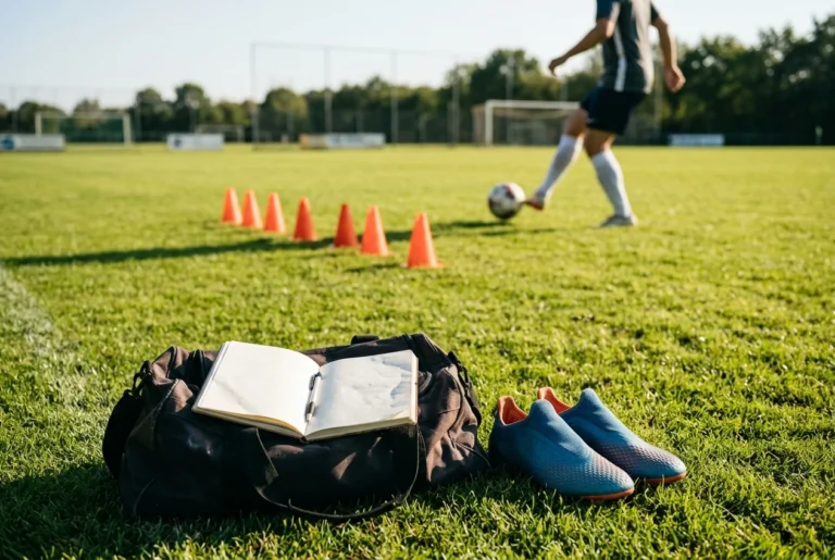 A training session on a green practice pitch: a short line of orange cones for dribbling, a partner at the edge about to pass a ball, and a notebook with a pen lying on a bag besid