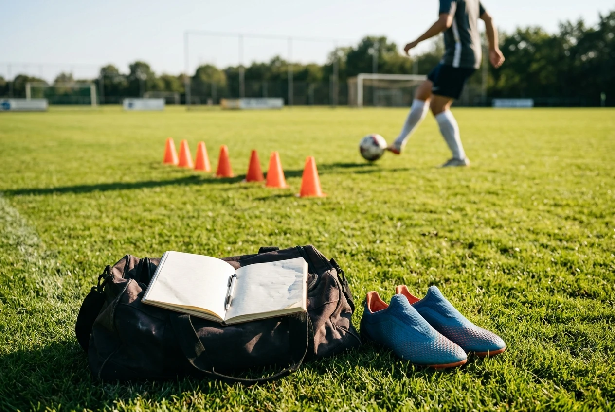 A training session on a green practice pitch: a short line of orange cones for dribbling, a partner at the edge about to pass a ball, and a notebook with a pen lying on a bag beside a pair of laceless cleats, bright afternoon sun.