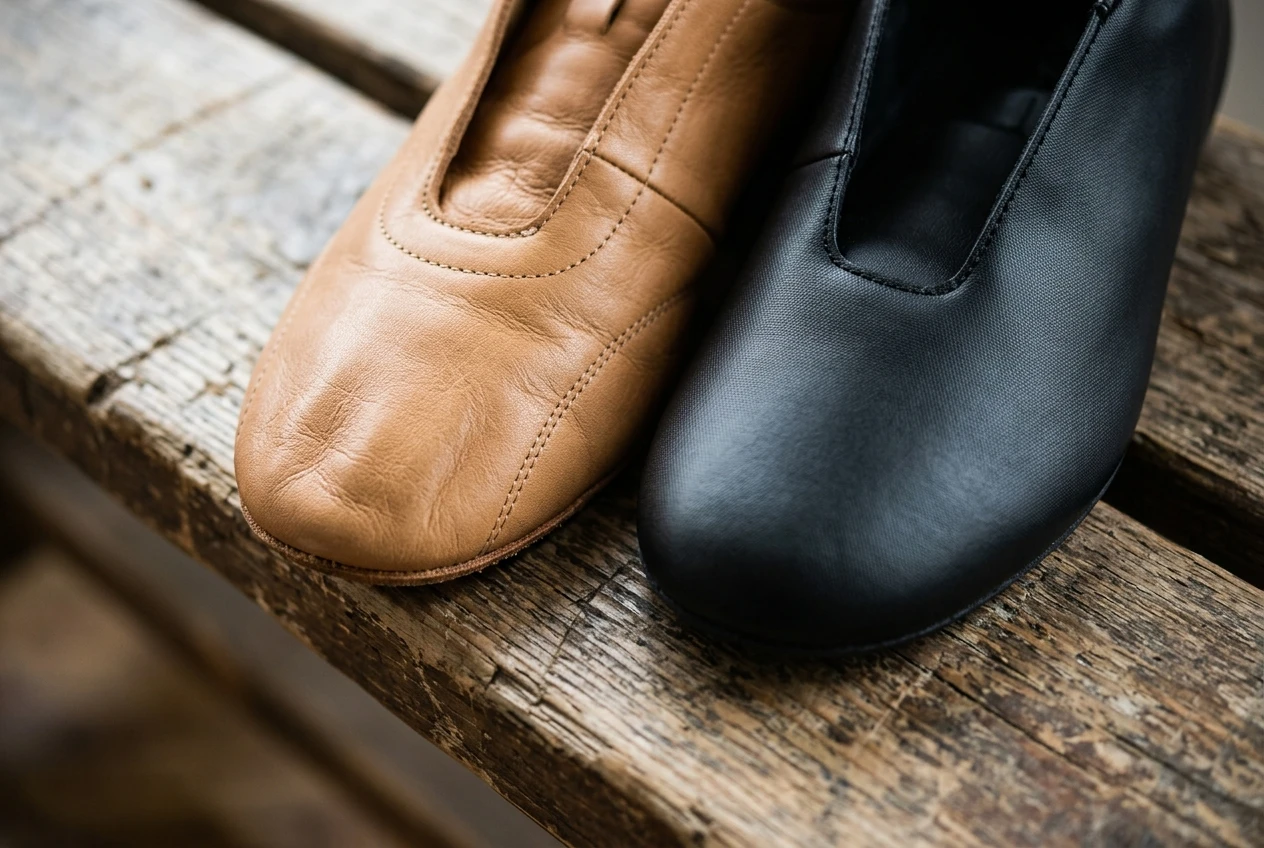 Two cleat uppers shown close up side by side on a worn wooden bench: a soft, thin tan kangaroo-leather panel with visible grain and a stitched edge next to a smooth black coated synthetic panel with a fine textured skin, lit by soft window light.
