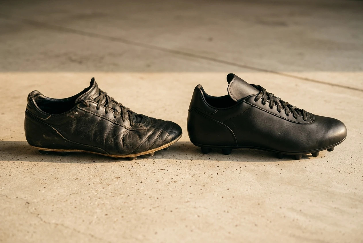 A worn-in black leather cleat beside a brand-new one, the older pair visibly creased and molded around the forefoot and bunion area while the new pair keeps a smooth, sharp shape, set on a clean concrete floor in warm side light.