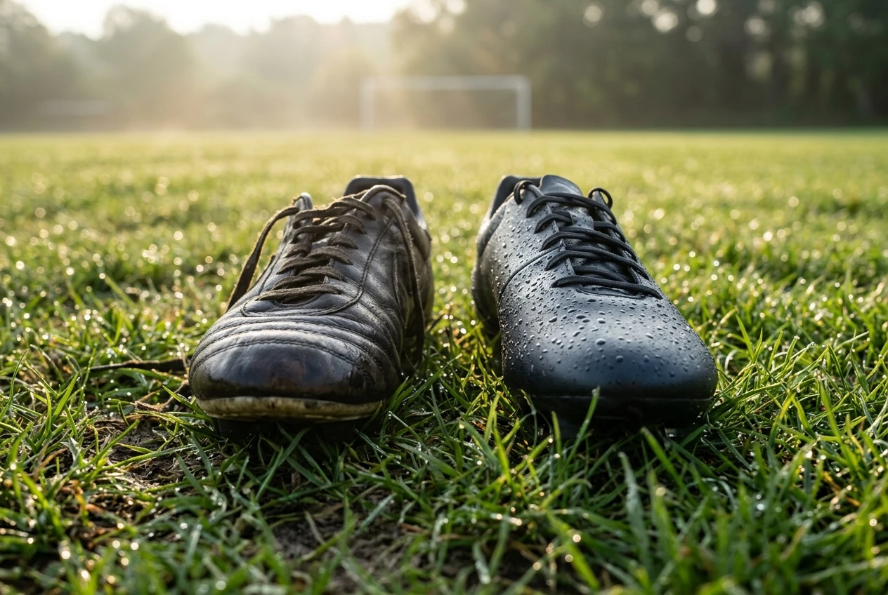 Two cleats standing on dewy grass after rain: the leather one dark, damp and slightly slumped with water darkening the toe, the synthetic one beaded with droplets and holding its cri