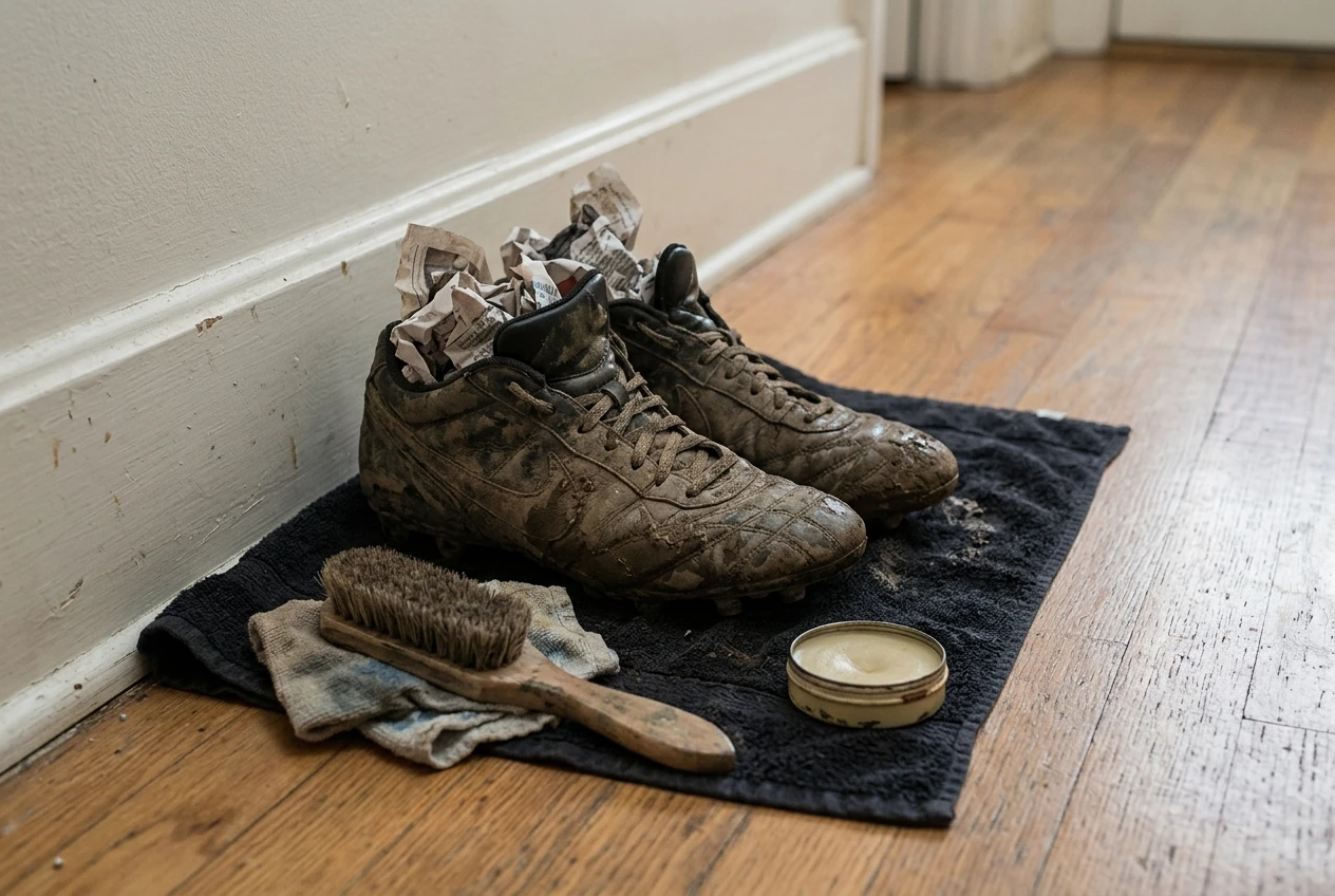 A pair of muddy leather cleats stuffed with crumpled newspaper, drying on a towel on a floor by a hallway wall away from any heater, with a soft brush, a damp cloth and a small tin of leather conditioner placed beside them.